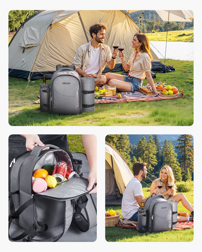 VEVOR Picnic Backpack for 2 with Insulated Compartment, Detachable Wine Holder & Cutlery Set - Perfect for Hiking & Camping, Grey