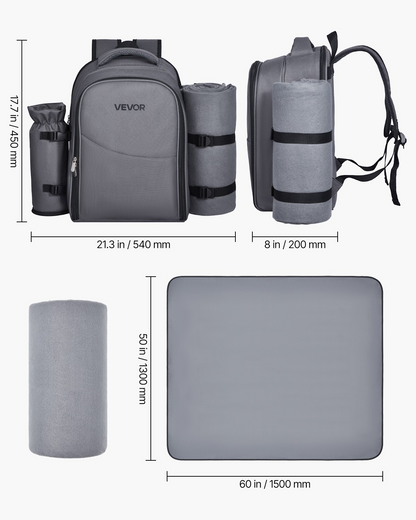 VEVOR Picnic Backpack for 2 with Insulated Compartment, Detachable Wine Holder & Cutlery Set - Perfect for Hiking & Camping, Grey