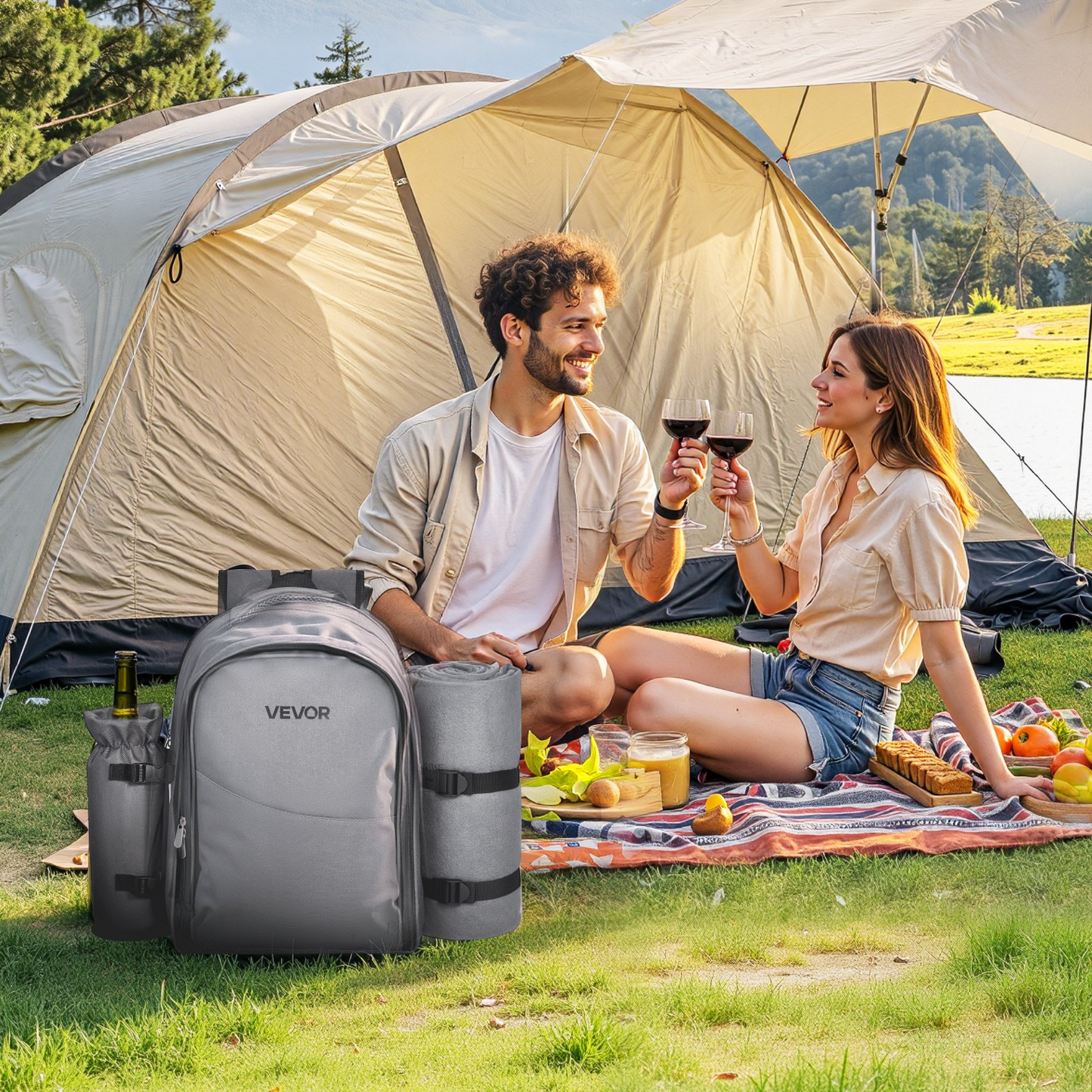 VEVOR Picnic Backpack for 2 with Insulated Compartment, Detachable Wine Holder & Cutlery Set - Perfect for Hiking & Camping, Grey