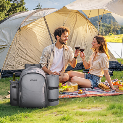 VEVOR Picnic Backpack for 2 with Insulated Compartment, Detachable Wine Holder & Cutlery Set - Perfect for Hiking & Camping, Grey