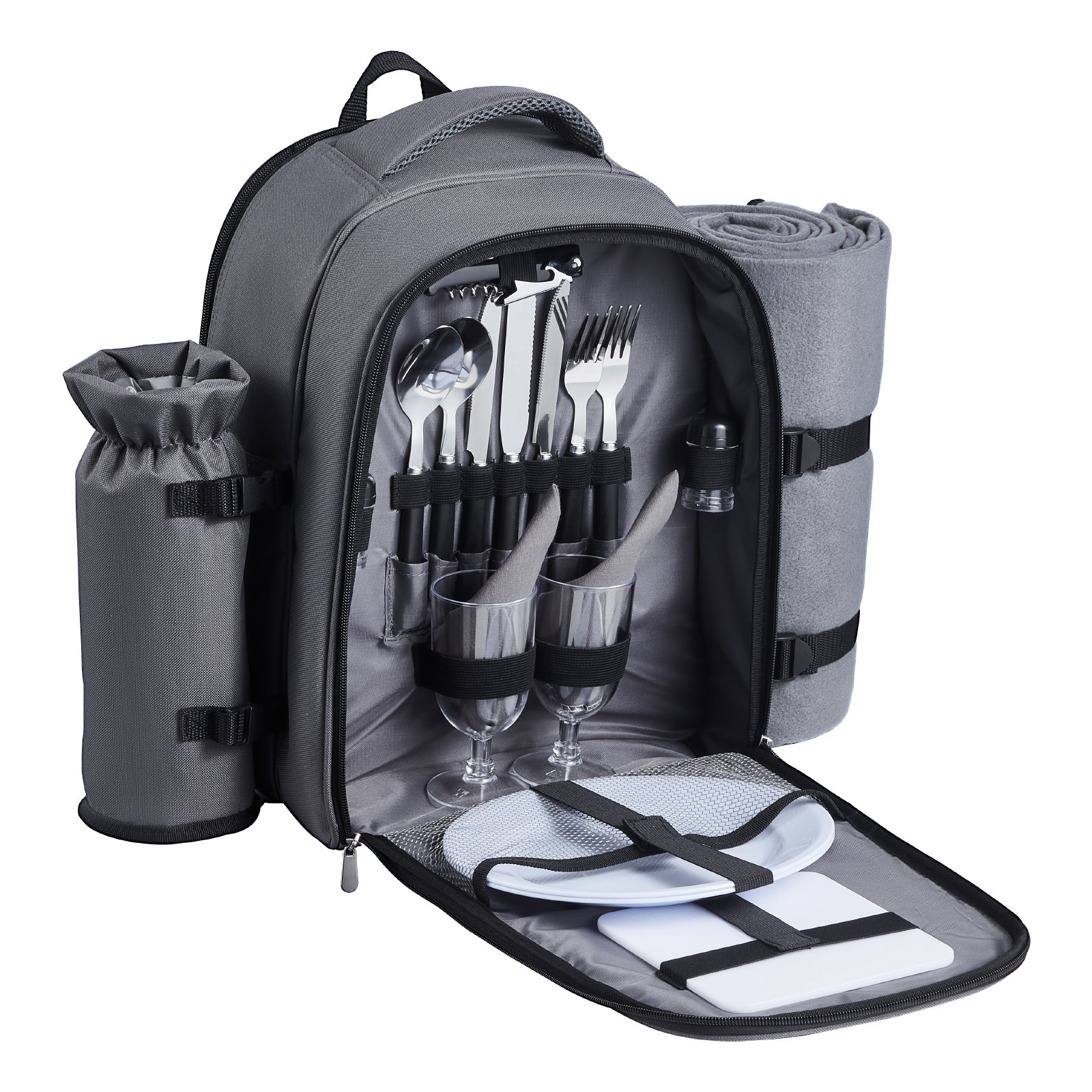 VEVOR Picnic Backpack for 2 with Insulated Compartment, Detachable Wine Holder & Cutlery Set - Perfect for Hiking & Camping, Grey