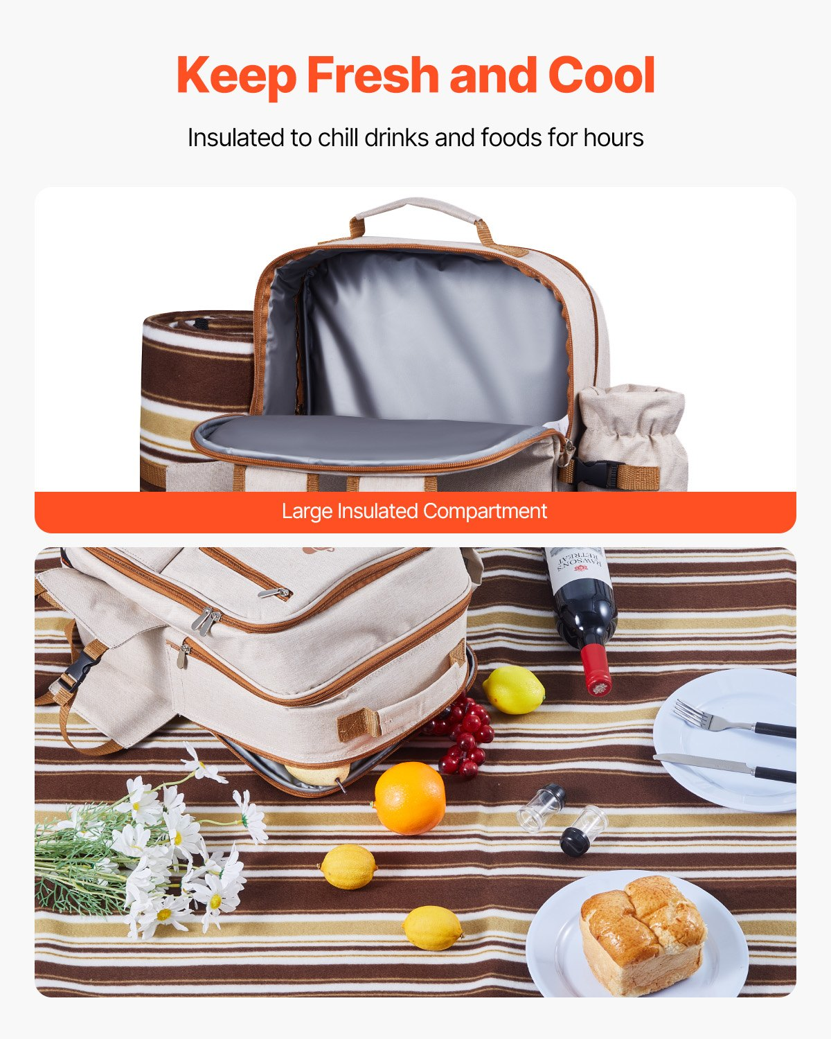 VEVOR Picnic Backpack for 4 with Insulated Cooler Compartment, Detachable Wine Holder, Lightweight Blanket, Plates & Cutlery Set – Perfect for Beach, Hiking, Camping & Outdoor Adventures