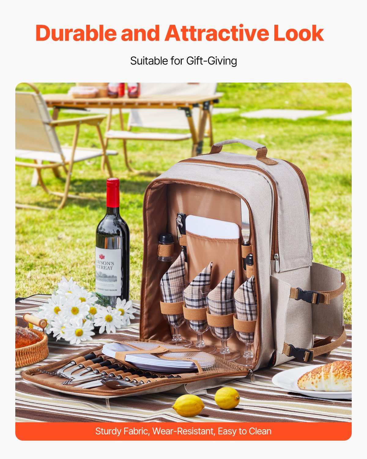 VEVOR Picnic Backpack for 4 with Insulated Cooler Compartment, Detachable Wine Holder, Lightweight Blanket, Plates & Cutlery Set – Perfect for Beach, Hiking, Camping & Outdoor Adventures