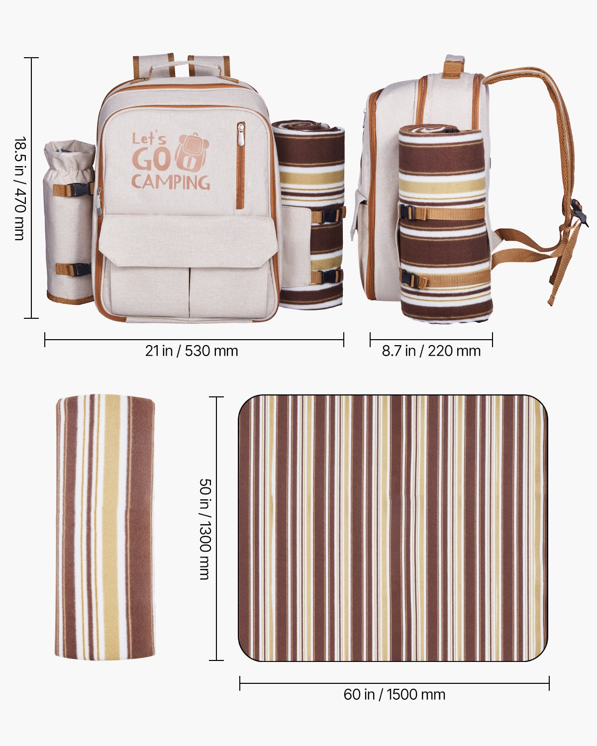 VEVOR Picnic Backpack for 4 with Insulated Cooler Compartment, Detachable Wine Holder, Lightweight Blanket, Plates & Cutlery Set – Perfect for Beach, Hiking, Camping & Outdoor Adventures