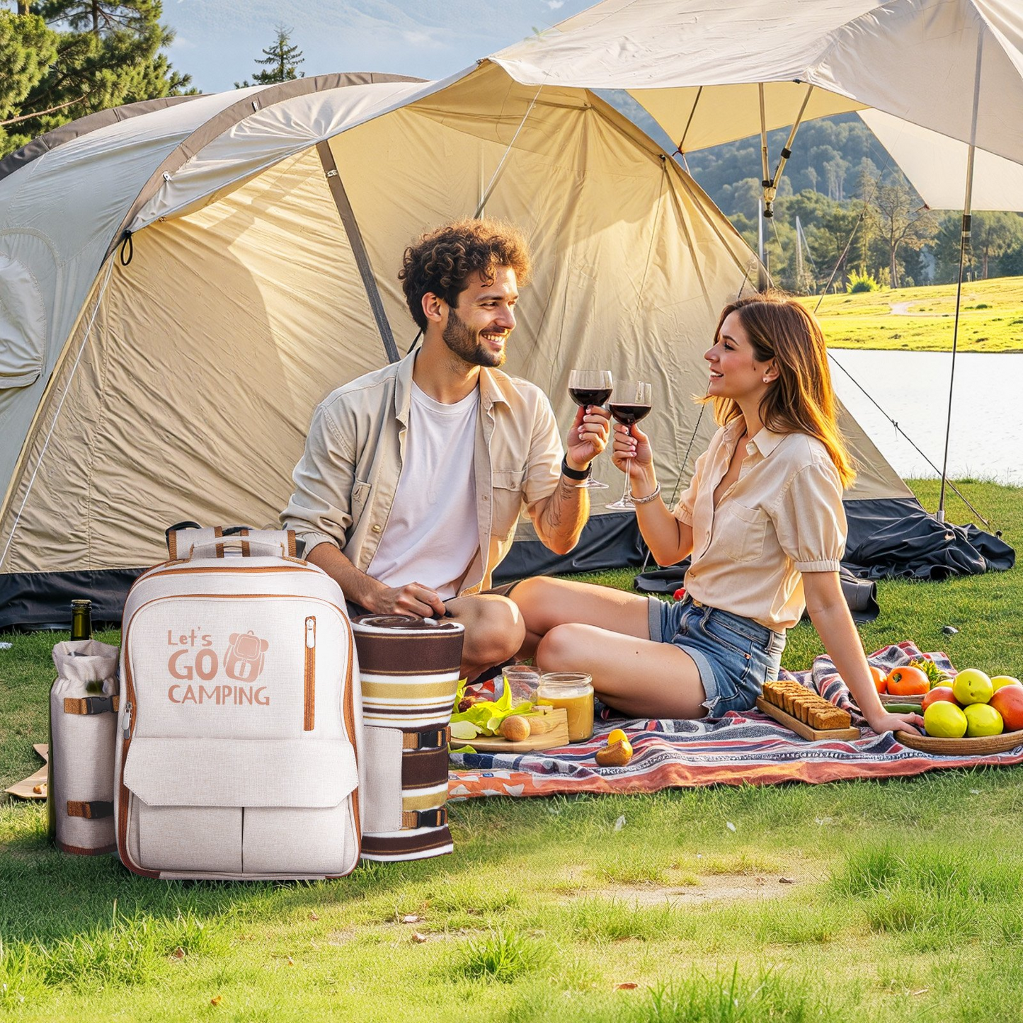 VEVOR Picnic Backpack for 4 with Insulated Cooler Compartment, Detachable Wine Holder, Lightweight Blanket, Plates & Cutlery Set – Perfect for Beach, Hiking, Camping & Outdoor Adventures