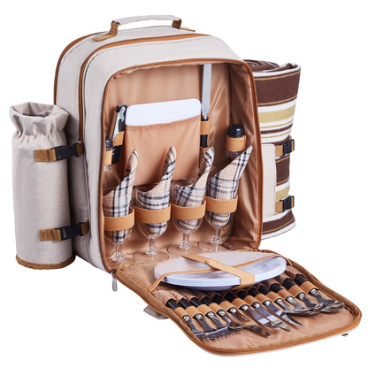 VEVOR Picnic Backpack for 4 with Insulated Cooler Compartment, Detachable Wine Holder, Lightweight Blanket, Plates & Cutlery Set – Perfect for Beach, Hiking, Camping & Outdoor Adventures