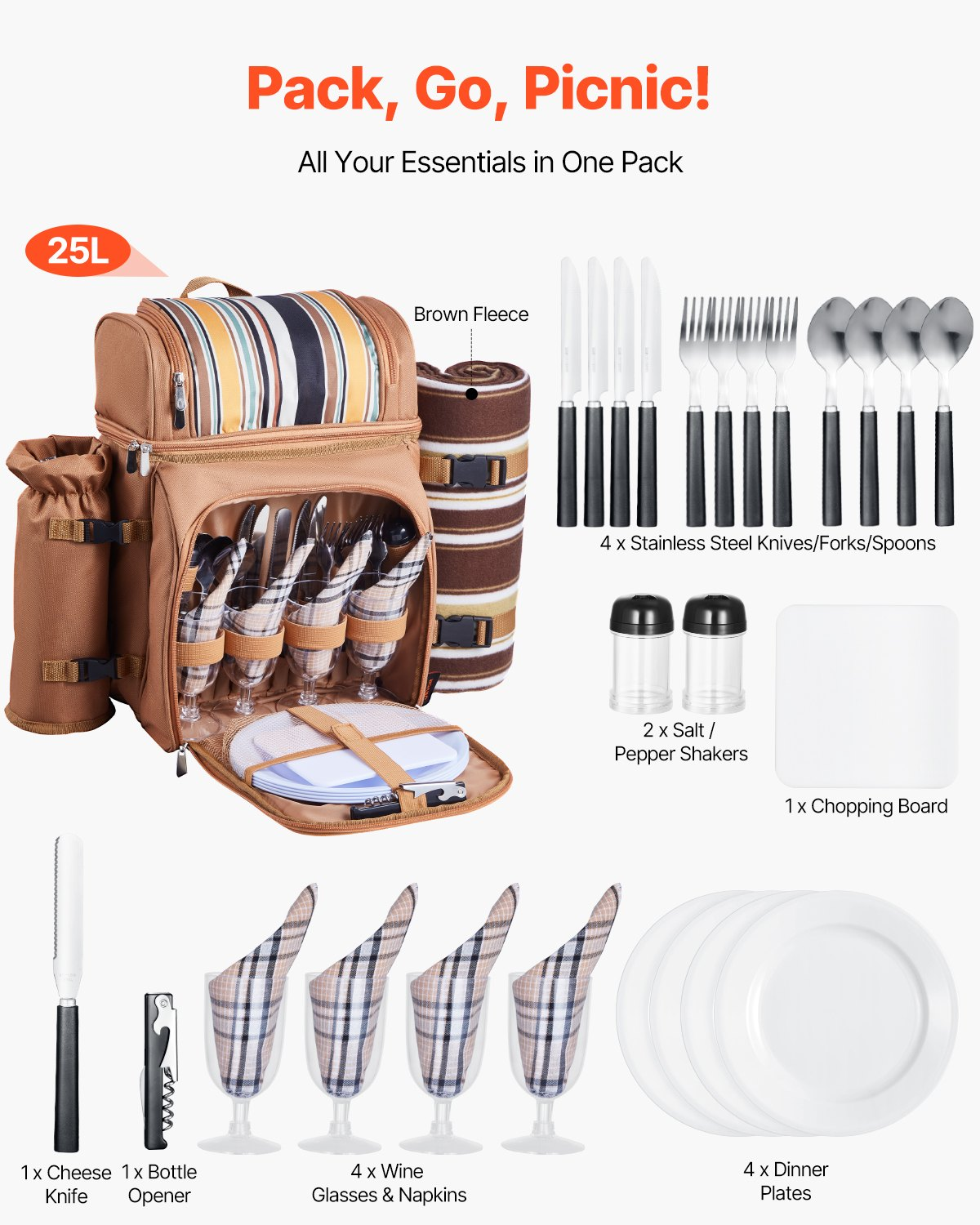 VEVOR Picnic Backpack for 4 with Insulated Cooler, Wine Holder, Blanket, Plates & Cutlery - Brown