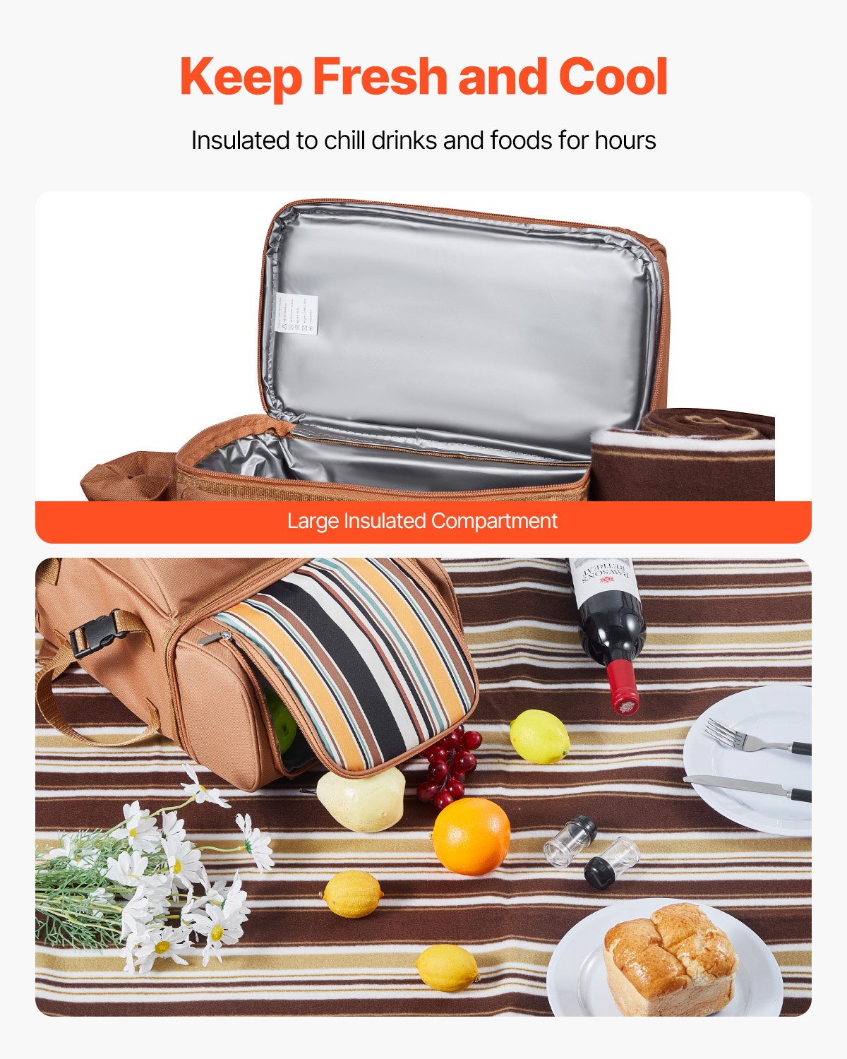 VEVOR Picnic Backpack for 4 with Insulated Cooler, Wine Holder, Blanket, Plates & Cutlery - Brown