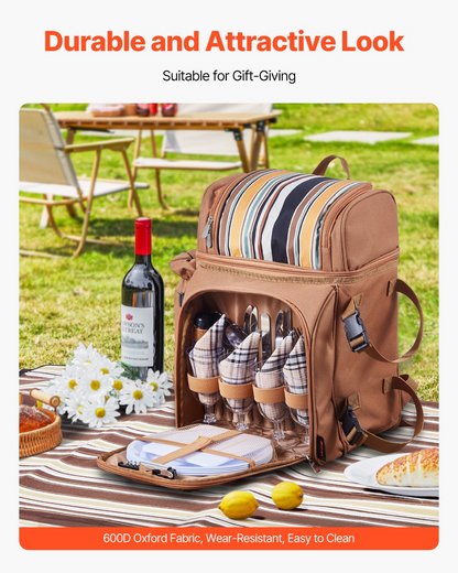 VEVOR Picnic Backpack for 4 with Insulated Cooler, Wine Holder, Blanket, Plates & Cutlery - Brown