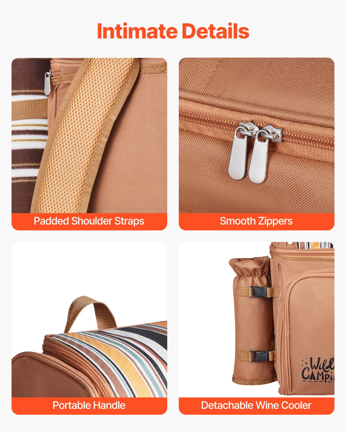 VEVOR Picnic Backpack for 4 with Insulated Cooler, Wine Holder, Blanket, Plates & Cutlery - Brown