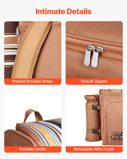 VEVOR Picnic Backpack for 4 with Insulated Cooler, Wine Holder, Blanket, Plates & Cutlery - Brown