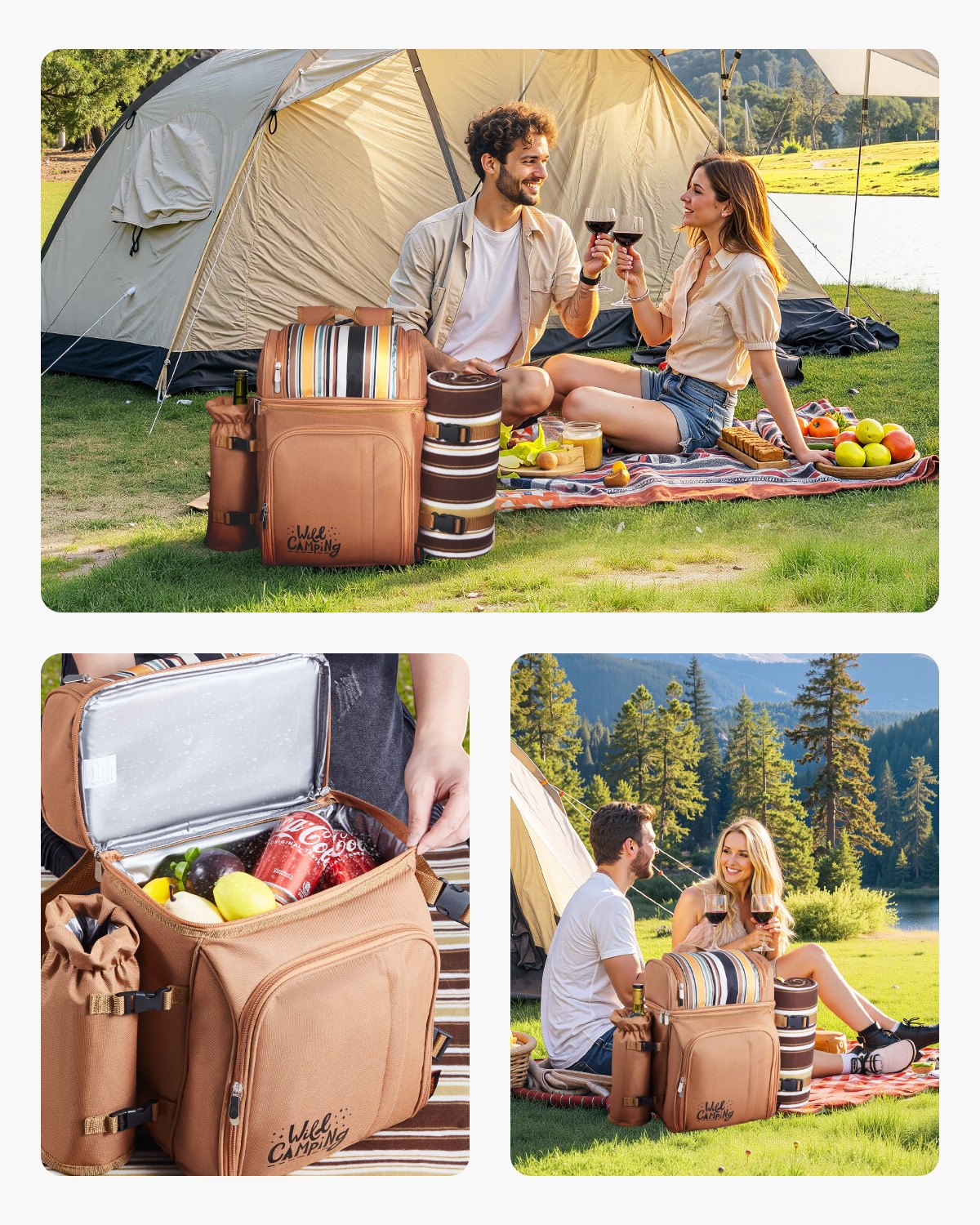 VEVOR Picnic Backpack for 4 with Insulated Cooler, Wine Holder, Blanket, Plates & Cutlery - Brown