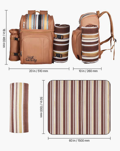 VEVOR Picnic Backpack for 4 with Insulated Cooler, Wine Holder, Blanket, Plates & Cutlery - Brown