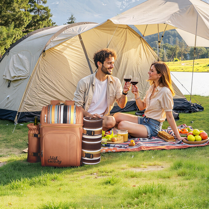 VEVOR Picnic Backpack for 4 with Insulated Cooler, Wine Holder, Blanket, Plates & Cutlery - Brown