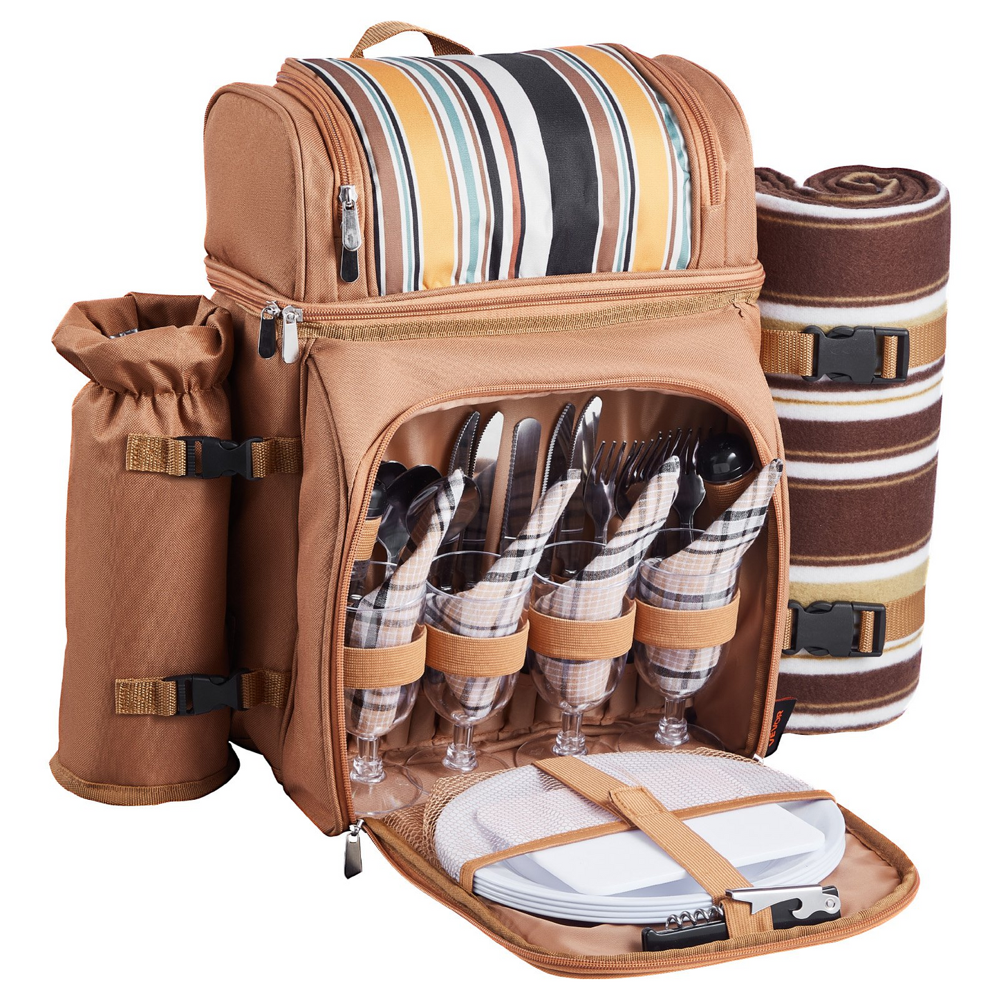 VEVOR Picnic Backpack for 4 with Insulated Cooler, Wine Holder, Blanket, Plates & Cutlery - Brown