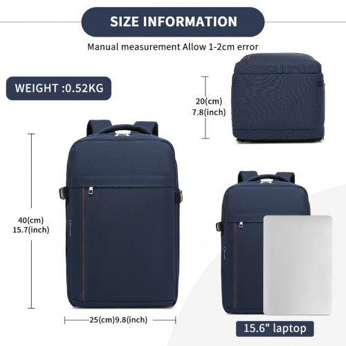 Kono 20L Cabin Backpack with Red Trim - Fits 15.6” Laptop, Water-Resistant Travel Daypack with Luggage Strap - Navy