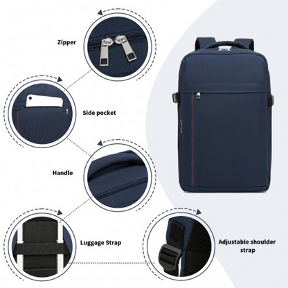 Kono 20L Cabin Backpack with Red Trim - Fits 15.6” Laptop, Water-Resistant Travel Daypack with Luggage Strap - Navy