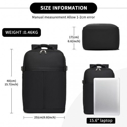 Kono Urban Smart 15L Carry-On Backpack with Luggage Strap – Ideal for Travel, Work & Daily Commute - Black