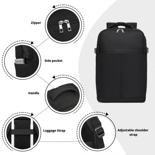 Kono Urban Smart 15L Carry-On Backpack with Luggage Strap – Ideal for Travel, Work & Daily Commute - Black