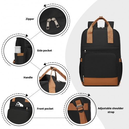 Kono Casual Contemporary Backpack with Laptop Sleeve & Padded Straps - Black and Brown