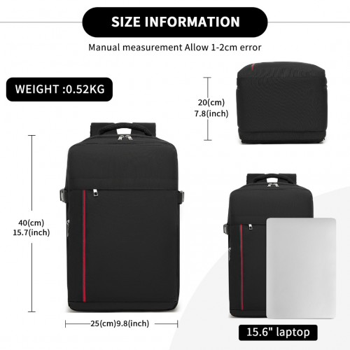 Kono 20L Cabin Backpack with Red Trim for 15.6” Laptop – Water-Resistant Travel Daypack with Luggage Strap - Black