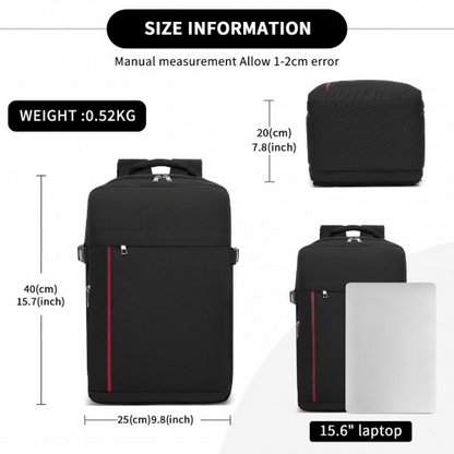 Kono 20L Cabin Backpack with Red Trim for 15.6” Laptop – Water-Resistant Travel Daypack with Luggage Strap - Black