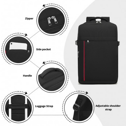 Kono 20L Cabin Backpack with Red Trim for 15.6” Laptop – Water-Resistant Travel Daypack with Luggage Strap - Black