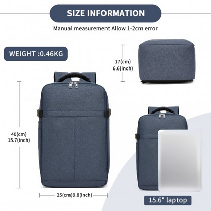 Kono Urban Smart 15L Carry-On Backpack with Luggage Strap – Ideal for Travel, Work & Daily Commute - Navy