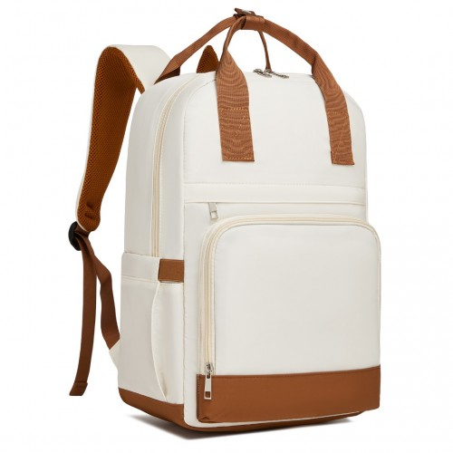 Kono Casual Contemporary Backpack with Laptop Sleeve & Padded Straps for Daily Commute - Cream and Brown