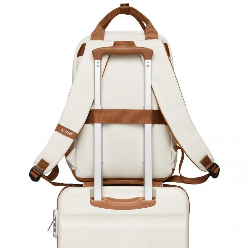 Kono Casual Contemporary Backpack with Laptop Sleeve & Padded Straps for Daily Commute - Cream and Brown