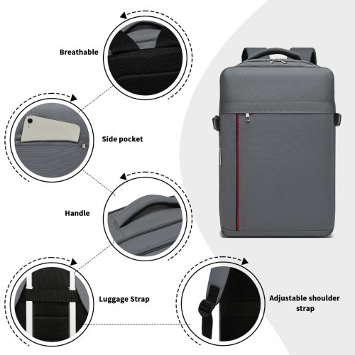 Kono 20L Cabin Backpack - Water-Resistant Travel Daypack with Red Trim for 15.6” Laptop - Grey