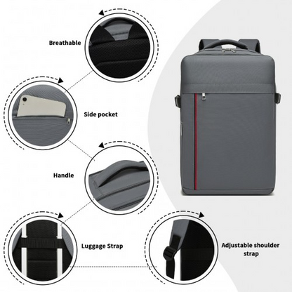 Kono 20L Cabin Backpack - Water-Resistant Travel Daypack with Red Trim for 15.6” Laptop - Grey