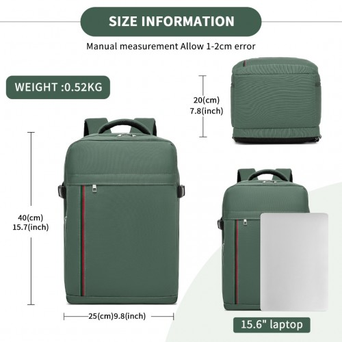 Kono 20L Cabin Backpack with Red Trim for 15.6” Laptop – Water-Resistant Travel Daypack with Luggage Strap - Green