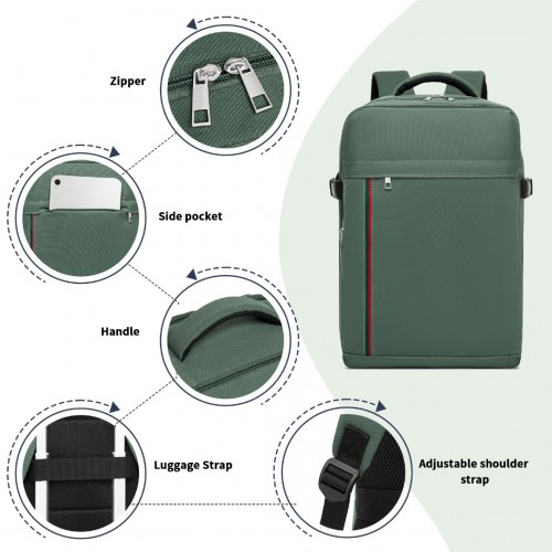 Kono 20L Cabin Backpack with Red Trim for 15.6” Laptop – Water-Resistant Travel Daypack with Luggage Strap - Green