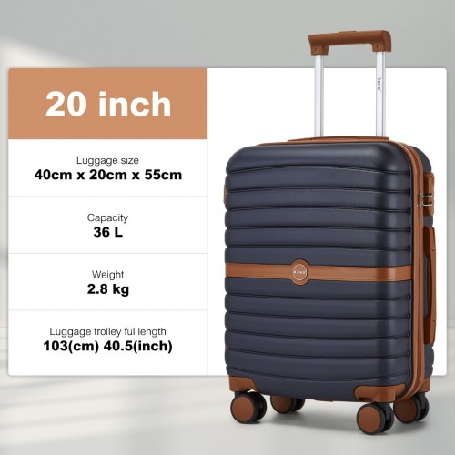 Kono PC 20-Inch Striped Design Carry-On Cabin Suitcase with Silent Spinner Wheels - Navy and Brown