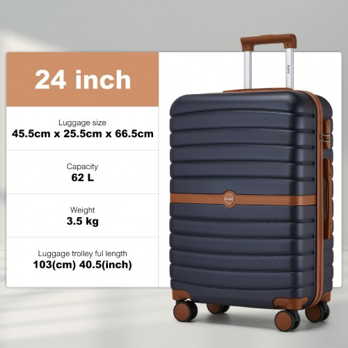 KSK2592 - Kono PC 24-Inch Striped Design with Colour-Block Details Medium Suitcase with Spinner Silent Wheels - Navy and Brown