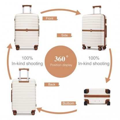 KSK2592 - Kono PC 24-Inch Striped Design with Colour-Block Details Medium Suitcase with Spinner Silent Wheels - Cream and Brown