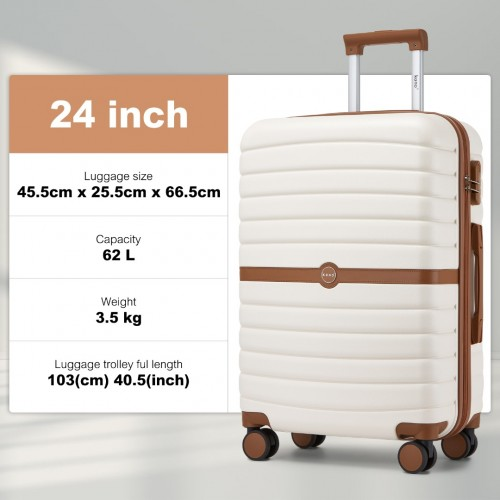 KSK2592 - Kono PC 24-Inch Striped Design with Colour-Block Details Medium Suitcase with Spinner Silent Wheels - Cream and Brown
