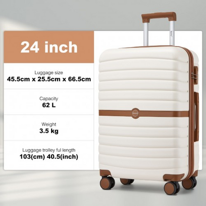 KSK2592 - Kono PC 24-Inch Striped Design with Colour-Block Details Medium Suitcase with Spinner Silent Wheels - Cream and Brown