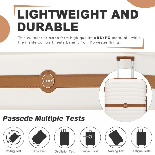 KSK2592 - Kono PC 24-Inch Striped Design with Colour-Block Details Medium Suitcase with Spinner Silent Wheels - Cream and Brown