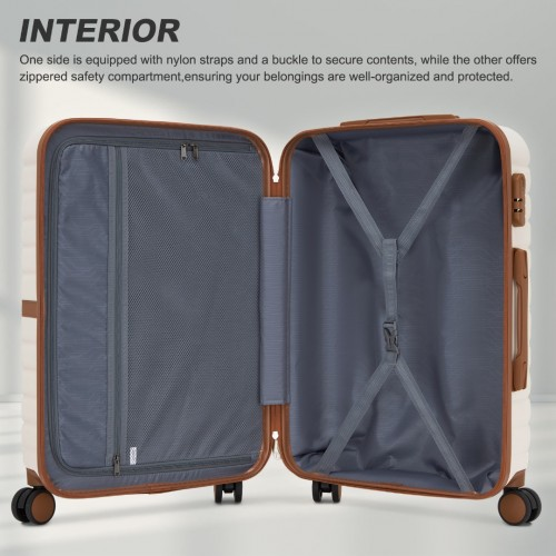 KSK2592 - Kono PC 24-Inch Striped Design with Colour-Block Details Medium Suitcase with Spinner Silent Wheels - Cream and Brown