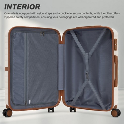 KSK2592 - Kono PC 24-Inch Striped Design with Colour-Block Details Medium Suitcase with Spinner Silent Wheels - Cream and Brown