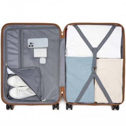 KSK2592 - Kono PC 24-Inch Striped Design with Colour-Block Details Medium Suitcase with Spinner Silent Wheels - Cream and Brown