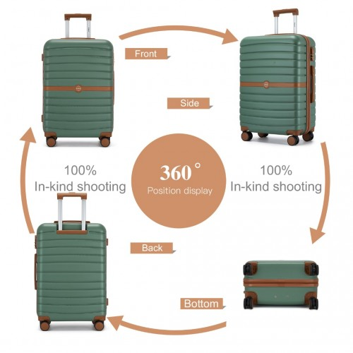 Kono PC 24-Inch Medium Suitcase with Spinner Silent Wheels, Striped Design and Colour-Block Details - Green and Brown