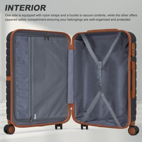 Kono PC 24-Inch Striped Medium Suitcase with Spinner Silent Wheels - Black and Brown