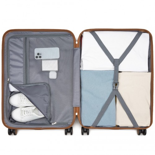 KSK2592 - Kono PC 24-Inch Striped Design with Colour-Block Details Medium Suitcase with Spinner Silent Wheels - Grey and Brown