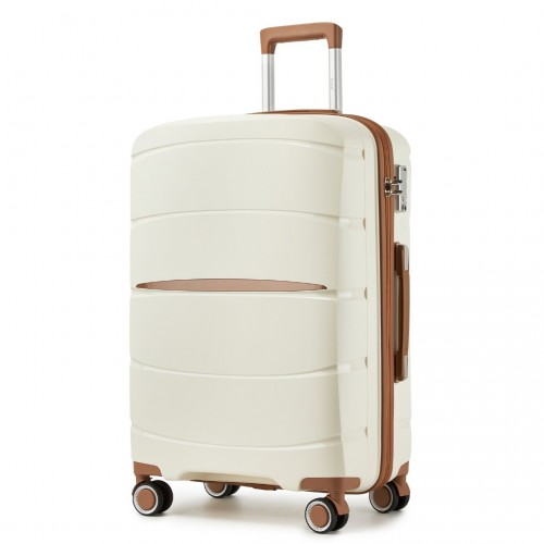 KSK2591 - Kono 24-Inch PP Modern Scratch-Resistant Medium Suitcase with TSA Lock & Stylish Brown Accents - Cream and Brown