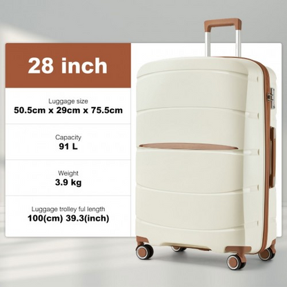 KSK2591 - Kono 28-Inch PP Modern Scratch-Resistant Large Suitcase with TSA Lock & Stylish Brown Accents - Cream and Brown