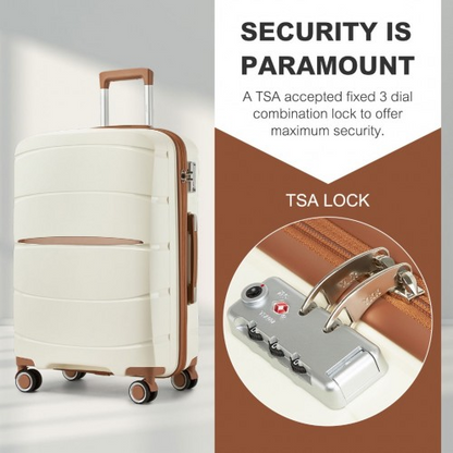 KSK2591 - Kono 28-Inch PP Modern Scratch-Resistant Large Suitcase with TSA Lock & Stylish Brown Accents - Cream and Brown