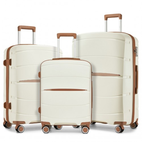 KSK2591 - Kono 20/24/28 inch PP Modern Scratch-Resistant Suitcase Set with TSA Lock & Stylish Brown Accents - Cream and Brown